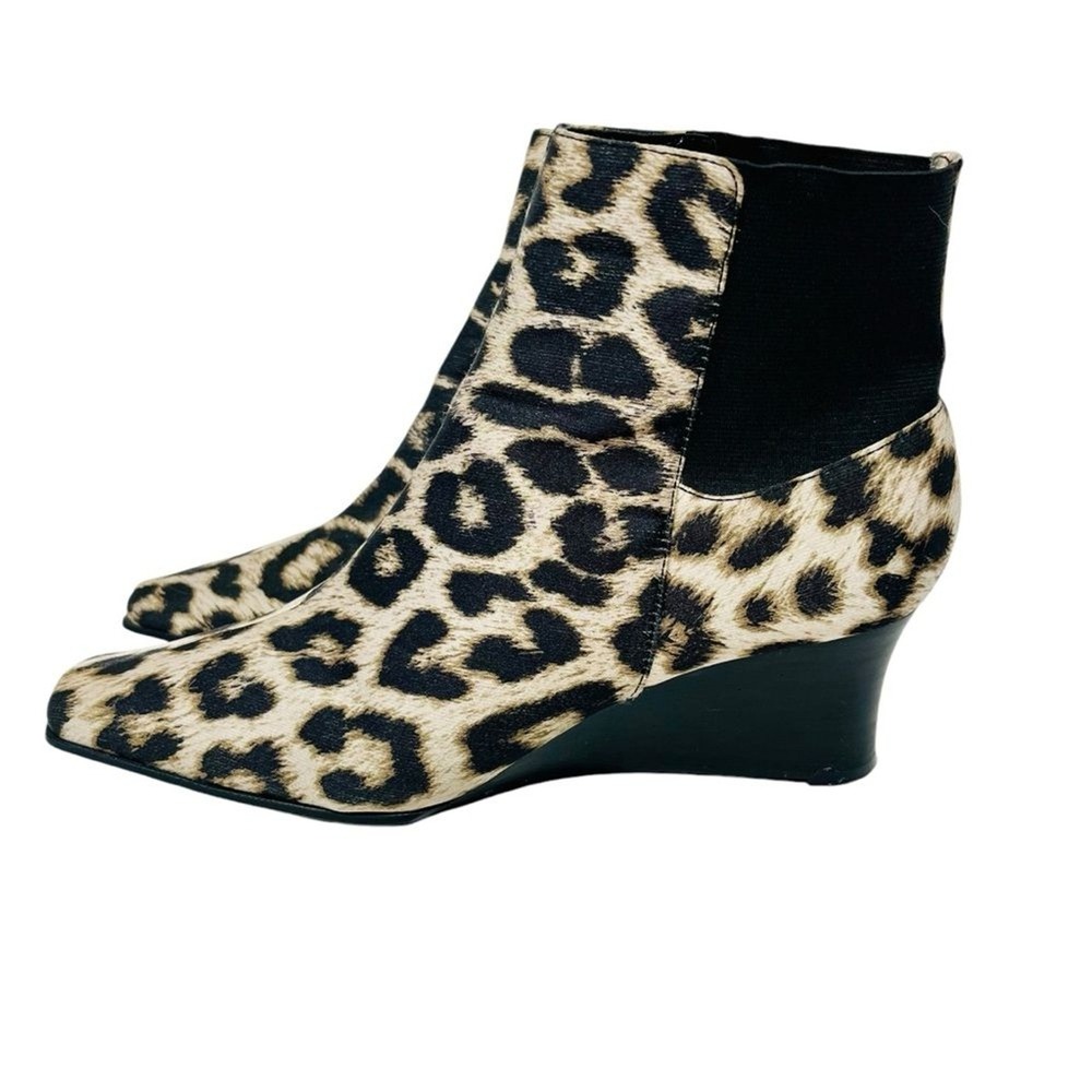 Leopard Print Wedge Ankle Boot Bootie Bandolino 7.5 Square Toe Y2K Indie Cheetah